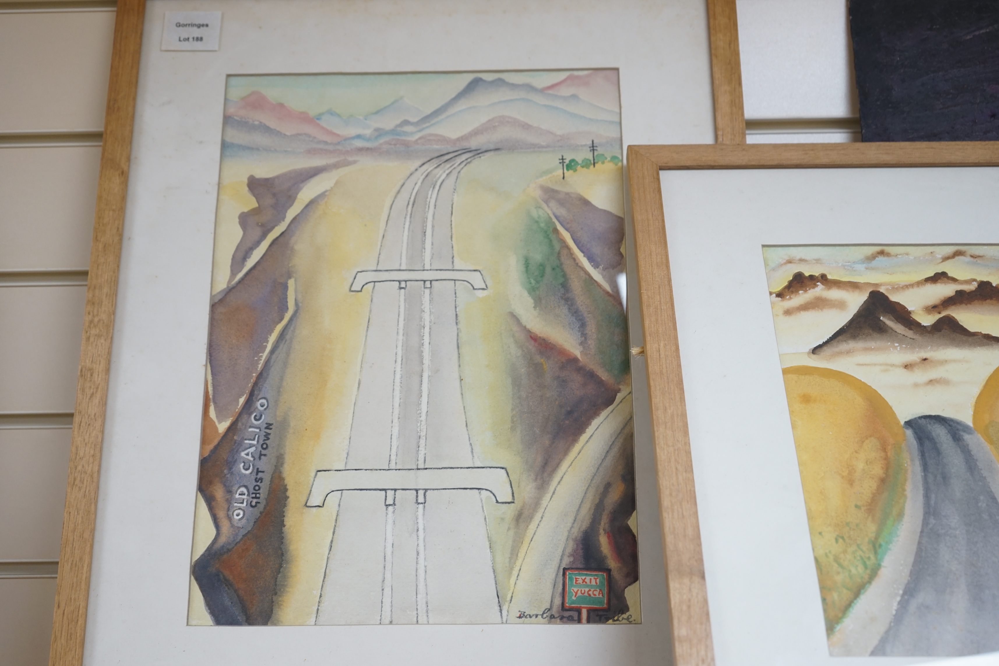 Barbara Tribe (1913-2000), two watercolours, ‘Old Calico Ghost town’ and ‘Death Valley, Mojave Desert, Nevada’, each signed, inscribed labels verso, 27 x 37cm. Condition - fair, would benefit from a clean